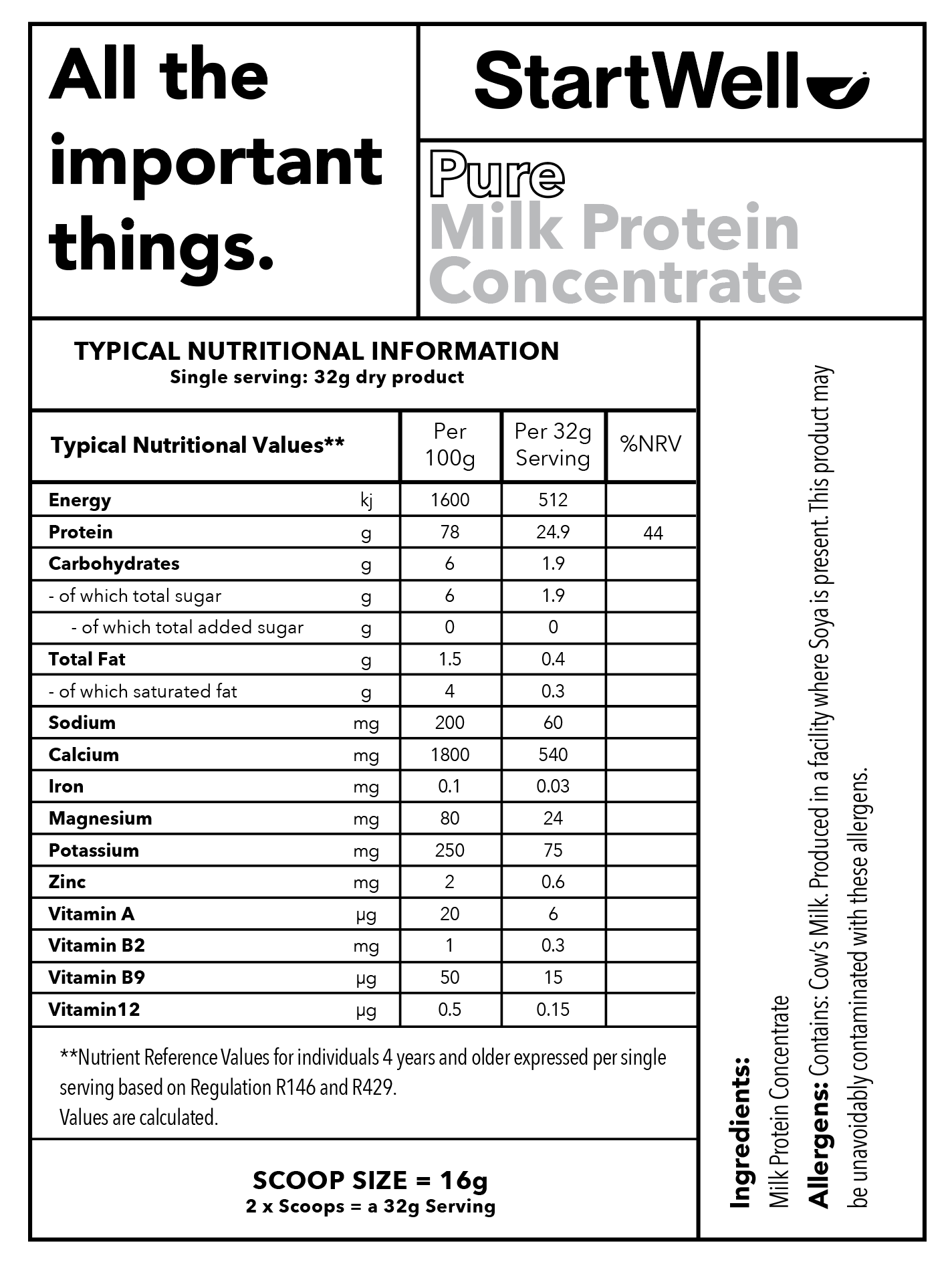 StartWell Pure Milk Protein Concentrate • Premium Pure Milk Protein Powder. (1 Kg Tub)