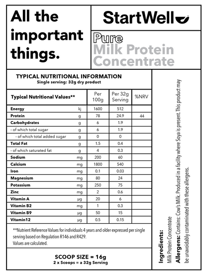 StartWell Pure Milk Protein Concentrate • Premium Pure Milk Protein Powder. (1 Kg Tub)