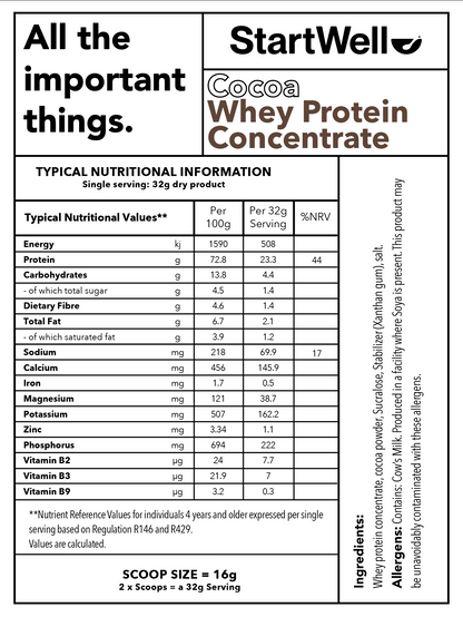 StartWell Cocoa Whey Protein Concentrate • Premium Cocoa Whey Protein Powder. (1 Kg Tub)