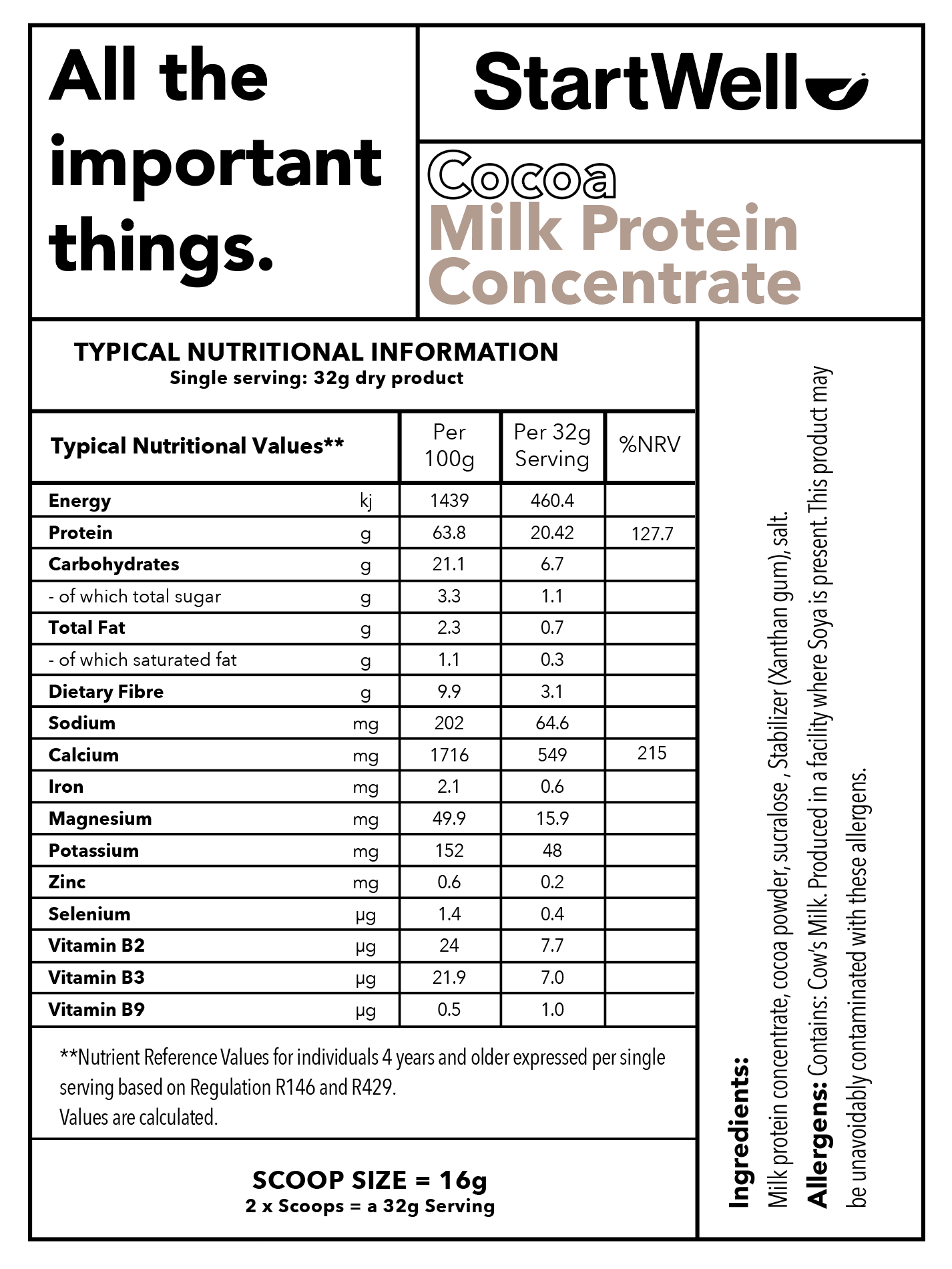 StartWell Cocoa Milk Protein Concentrate • Premium Cocoa Milk Protein Powder. (1 Kg Tub)