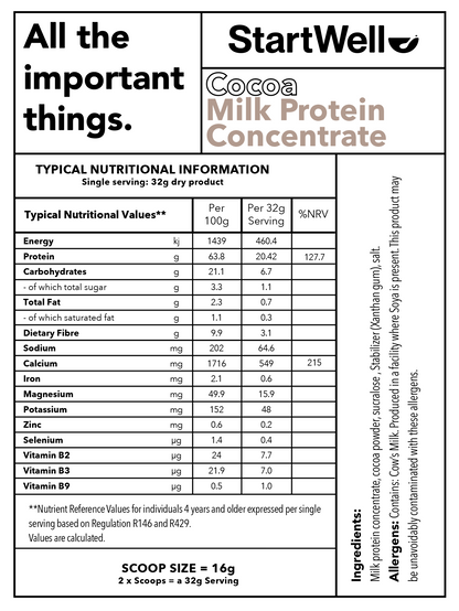 StartWell Cocoa Milk Protein Concentrate • Premium Cocoa Milk Protein Powder. (1 Kg Tub)